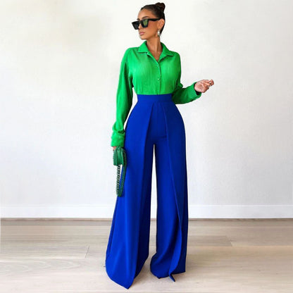 Women Casual Solid Color High-Waist Wide Leg Pants
