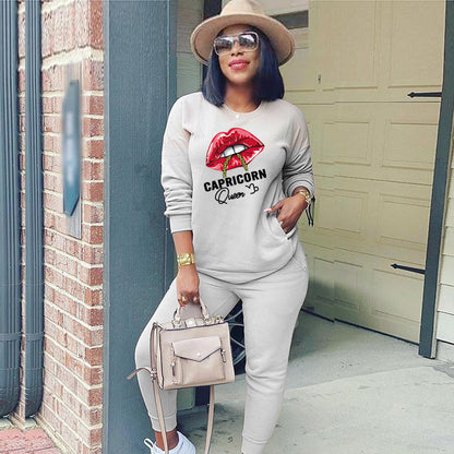 Conjunto deportivo de dos piezas para mujer, moda deportiva, sudadera de manga larga con estampado de labios y letras, pantalones casuales