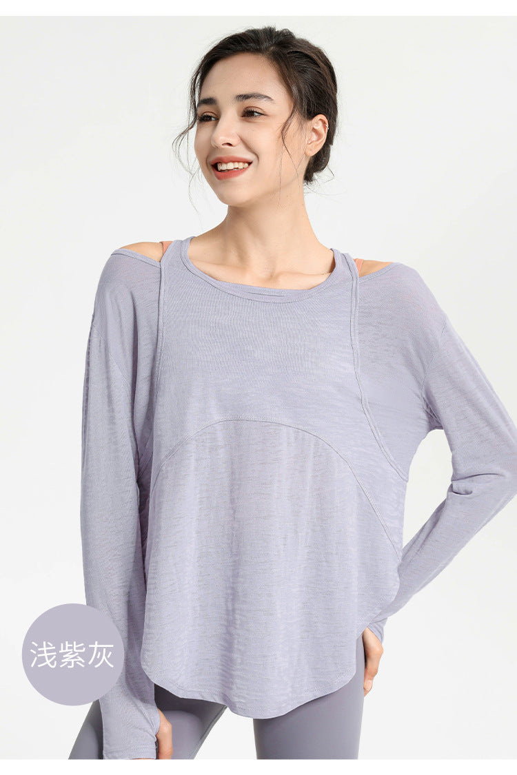 Top deportivo informal holgado de color liso con cuello redondo y manga larga para mujer
