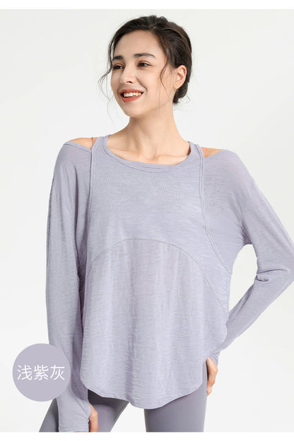 Top deportivo informal holgado de color liso con cuello redondo y manga larga para mujer