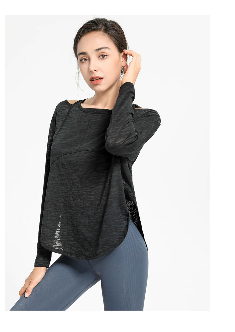 Top deportivo informal holgado de color liso con cuello redondo y manga larga para mujer