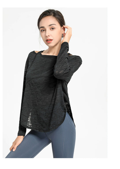 Top deportivo informal holgado de color liso con cuello redondo y manga larga para mujer