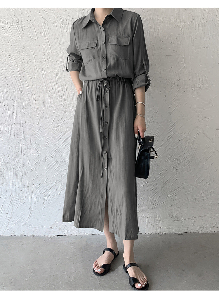 Women Fashion Minimalist Casual Solid Color Lapel Short-Sleeve Drawstring Pocket Single-Breasted Dress
