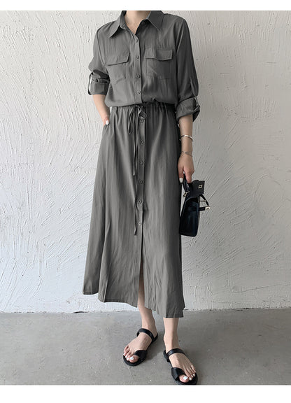Women Fashion Minimalist Casual Solid Color Lapel Short-Sleeve Drawstring Pocket Single-Breasted Dress
