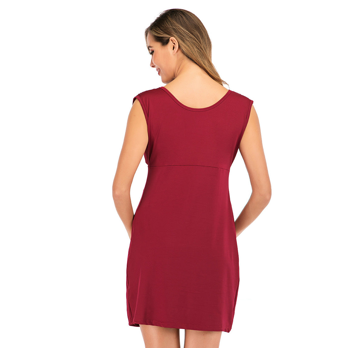 Pregnant Women Fashion Casual Solid Color Round Neck Sleeveless Pleated Dress
