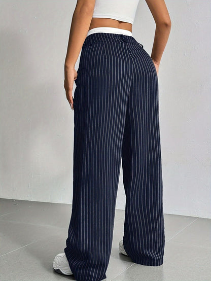 Women Casual Solid Color Stripe High Waist Loose Pants