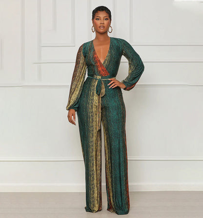 Women Fashion Casual V-Neck Long-Sleeved Straight Jumpsuit