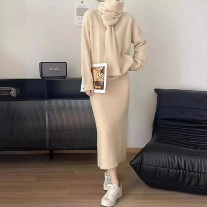 Women Fashion Casual Solid Color Knitted Scarf Long-Sleeve Sweater Loose Skirt Three-Piece Set