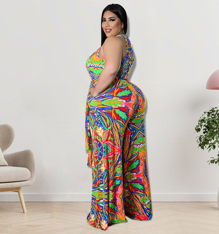 Women Casual Plus Size Floral Printed Sleeveless Loose Lace-Up Jumpsuits