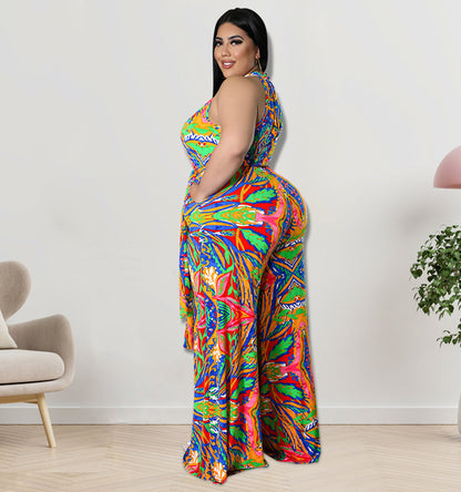 Women Casual Plus Size Floral Printed Sleeveless Loose Lace-Up Jumpsuits