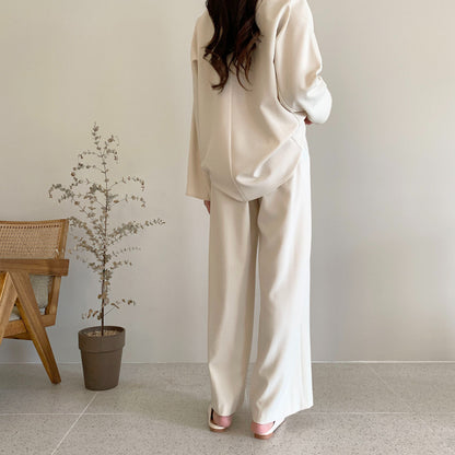 Women Fashion Casual Solid Color Loose Long Sleeve Top Drawstring Pants Two-Piece Set