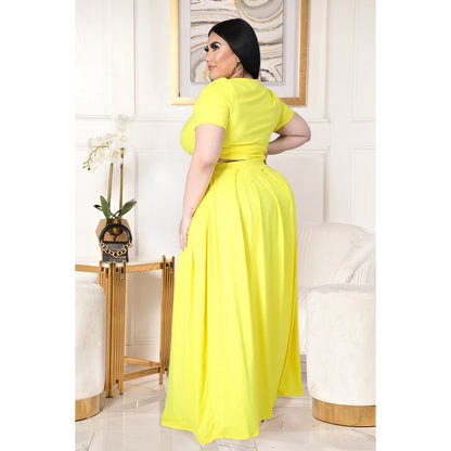 Women Fashion Casual Plus Size Solid Color Cross Strap Short-Sleeve Top Loose Skirt Two-Piece Set