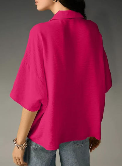Women Fashion Casual Solid Color Lapel Short-Sleeve Loose Crop Top