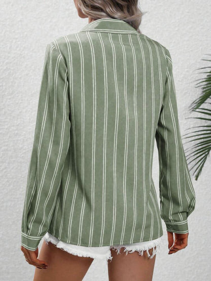 Blusa informal holgada de manga larga con solapa y rayas para mujer