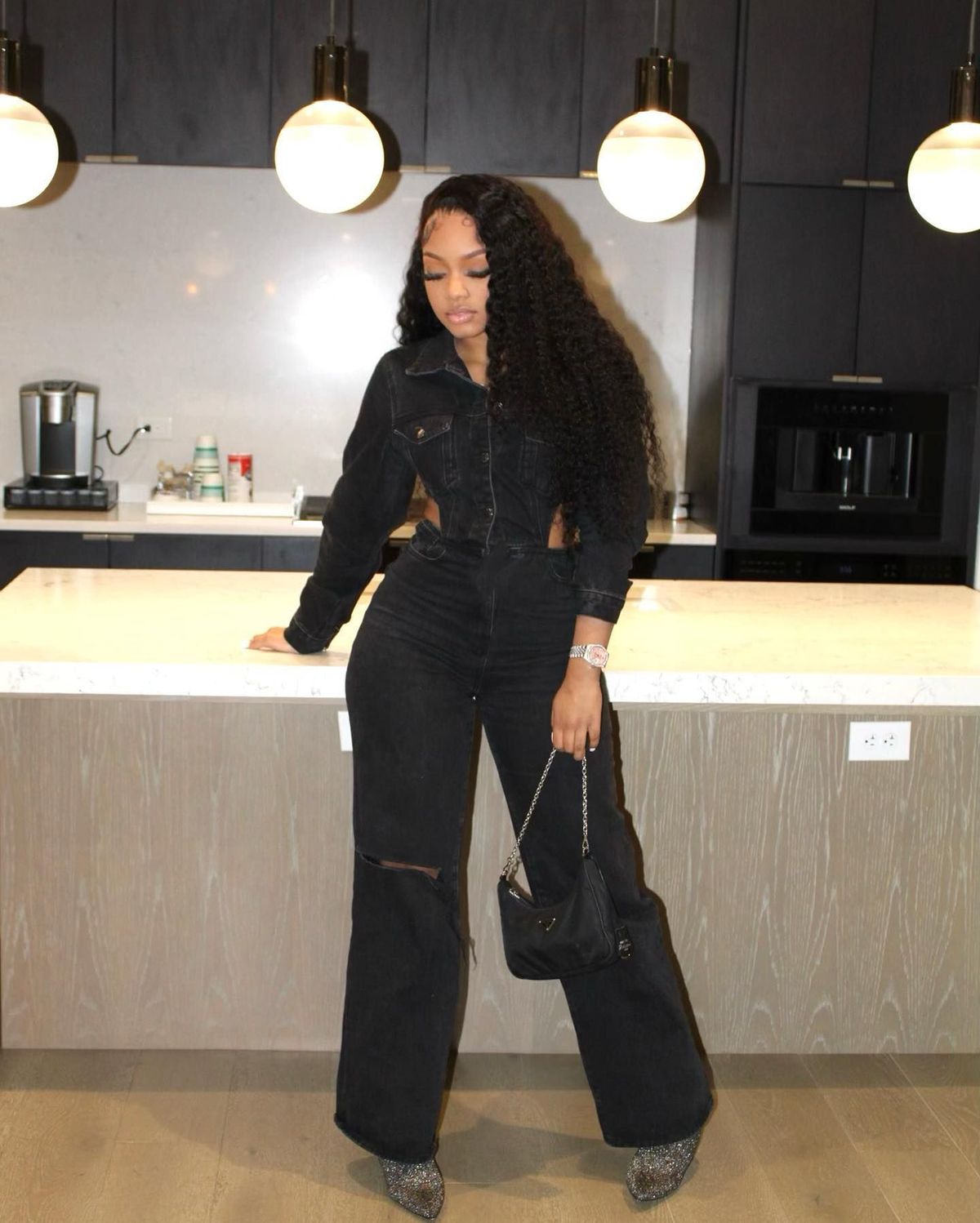 Women Fashion Casual Lapel Hollow-Out Denim Jumpsuit