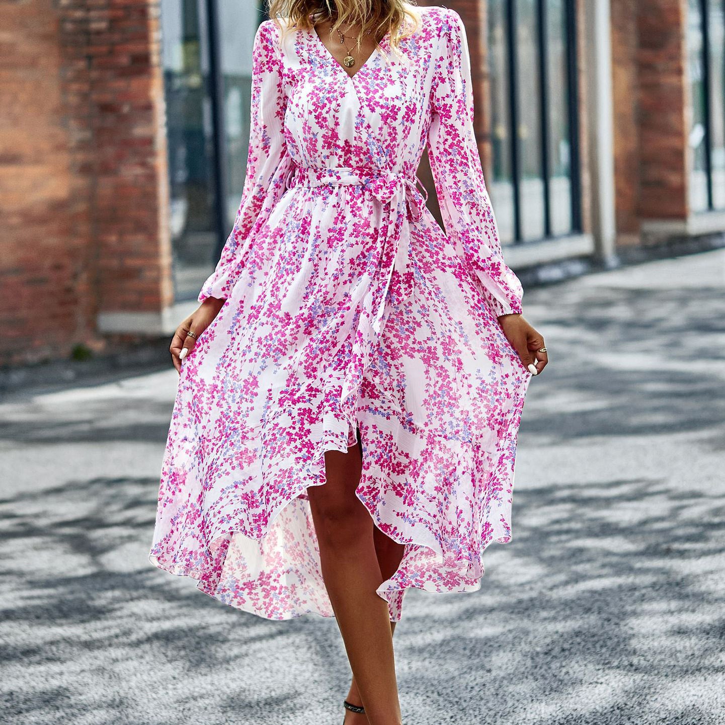 Fashion Women Boho Style Casual Sweet Floral Print Long Sleeve V Neck Chiffon Midi Dress