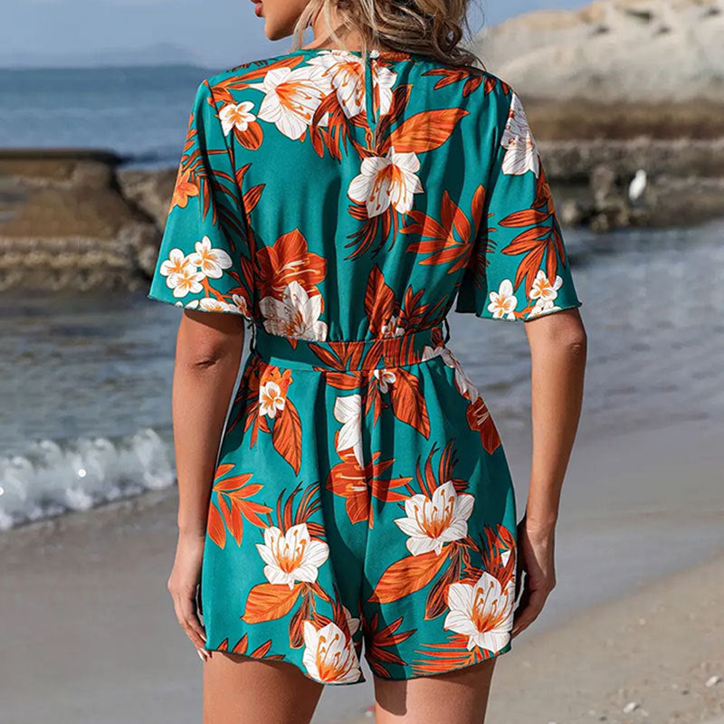 Women Casual Vacation Printed V-Neck Lotus Sleeve Loose Lace-Up Rompers