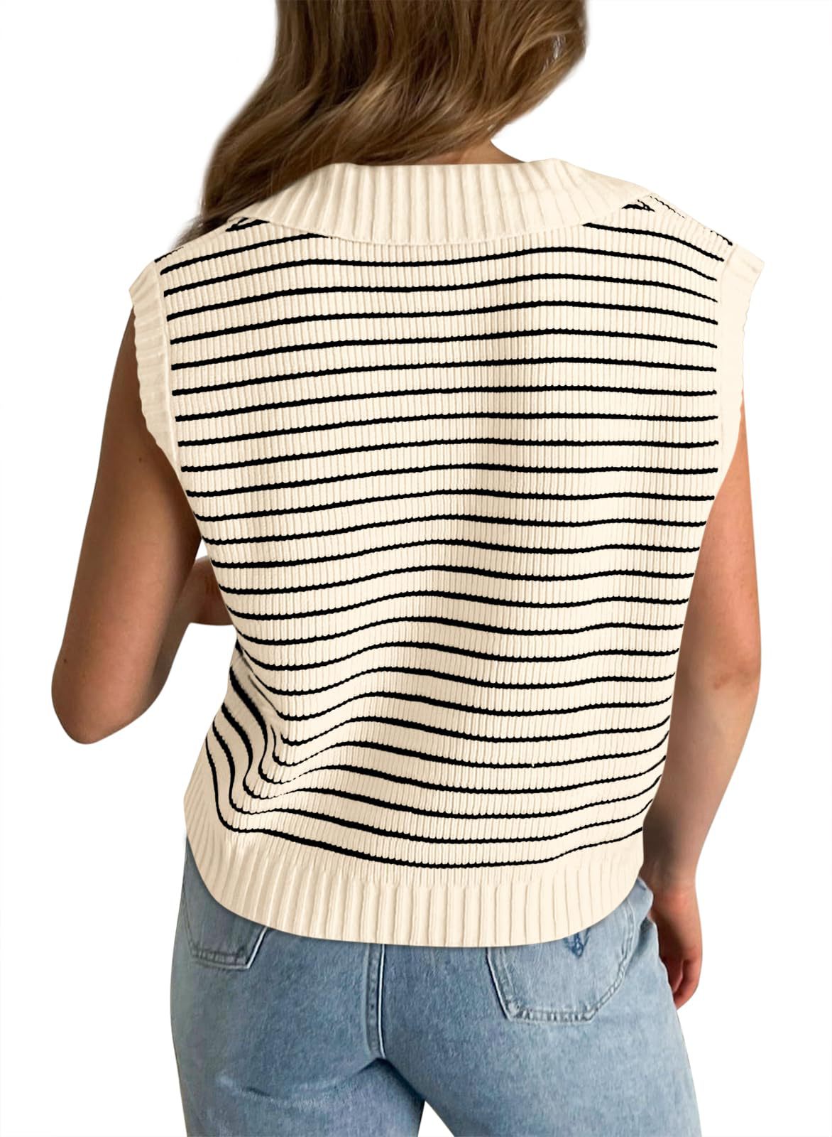 Women Fashion Casual Stripe Lapel V-Neck Sleeveless Knitted Sweater
