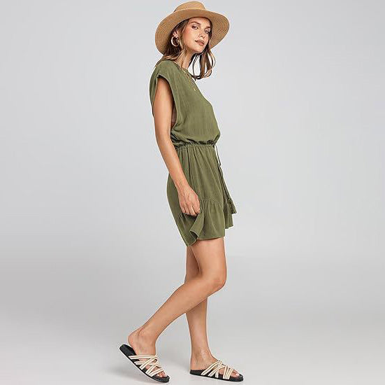 Women Casual Solid Color Cotton Linen Short-Sleeved Drawstring Lace-Up Rompers