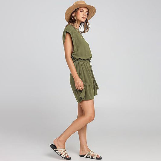 Women Casual Solid Color Cotton Linen Short-Sleeved Drawstring Lace-Up Rompers