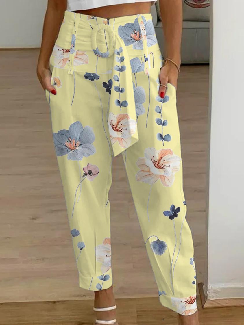 Women Casual Summer Solid Color Linen Floral Pants