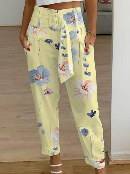 Women Casual Summer Solid Color Linen Floral Pants