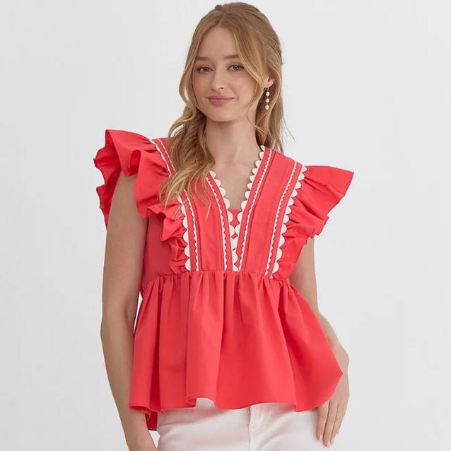 Camiseta informal con cuello en V y mangas con volantes para mujer