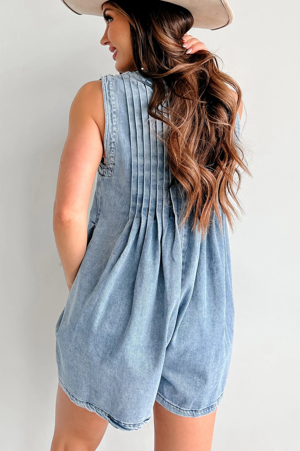 Women Fashion Casual Solid Color V-Neck Sleeveless Loose Denim Rompers