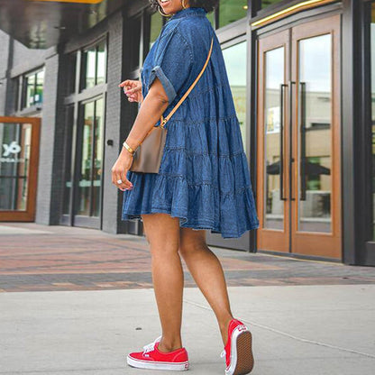 Women Fashion Casual Plus Size Lapel Short Sleeve Single Breasted Tutu Denim Dress