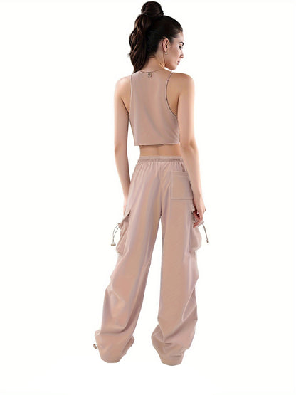 Women Fashion Casual Solid Color Pocket Drawstring Pants