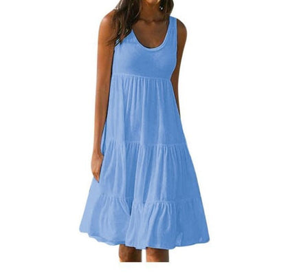Women Fashion Casual Basic Solid Color U-Neck Sleeveless Loose Dress