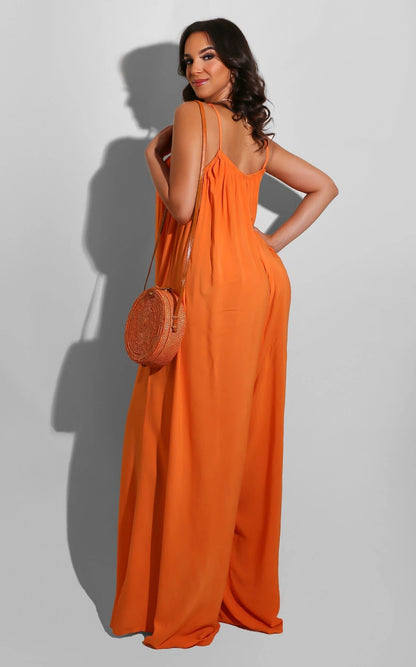 Women Fashion Casual Solid Color Spaghetti Strap Loose Jumpsuits