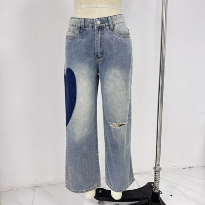 Vaqueros rectos de cintura baja con costura lateral y corazón para mujer