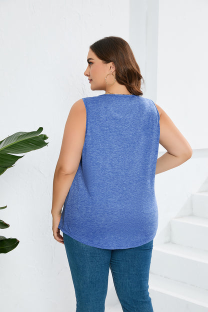 Women Casual Plus Size Solid Color Pleated Square Neck Loose Tank Top