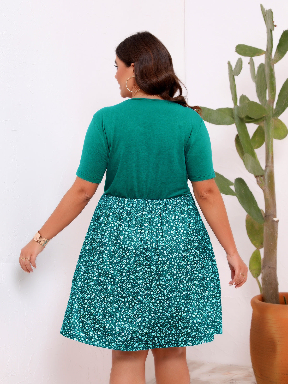 Women Fashion Casual Plus Size Floral Printed Splice Round Neck Short Sleeve Dress