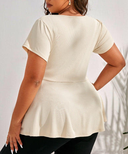 Women Fashion Casual Plus Size Solid Color Splicing Loose Short-Sleeve Zipper Top