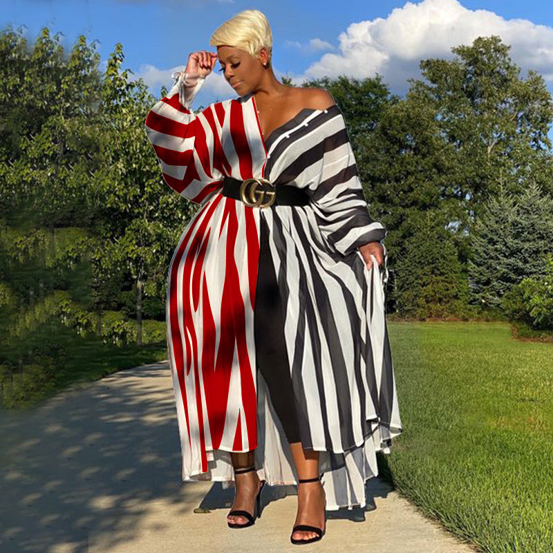 Women Fashion Casual Plus Size Stripe Stitching Long-Sleeve Single Breasted Slim-Fit Dress