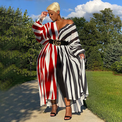 Women Fashion Casual Plus Size Stripe Stitching Long-Sleeve Single Breasted Slim-Fit Dress