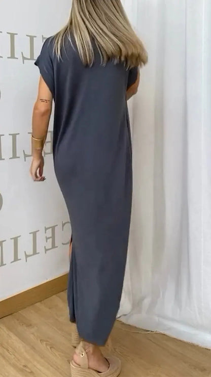 Women Casual Solid Color V-Neck Short Sleeve Single Breasted Split Dress