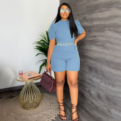 Women Fashion Casual Solid Color Round Neck Short-Sleeve Rompers