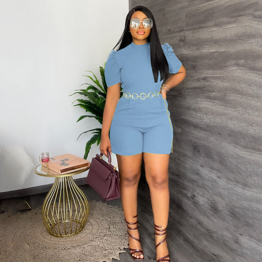 Women Fashion Casual Solid Color Round Neck Short-Sleeve Rompers