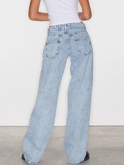 Women Fashion Casual Solid Color Straight Jeans