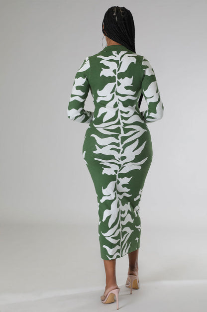 Women Fashion Casual Printed Lapel Long Sleeve Single Breasted Dress