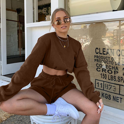 Women Fashion Casual Round Neck Sweatshirt Drawstring Shorts Two-Piece Set