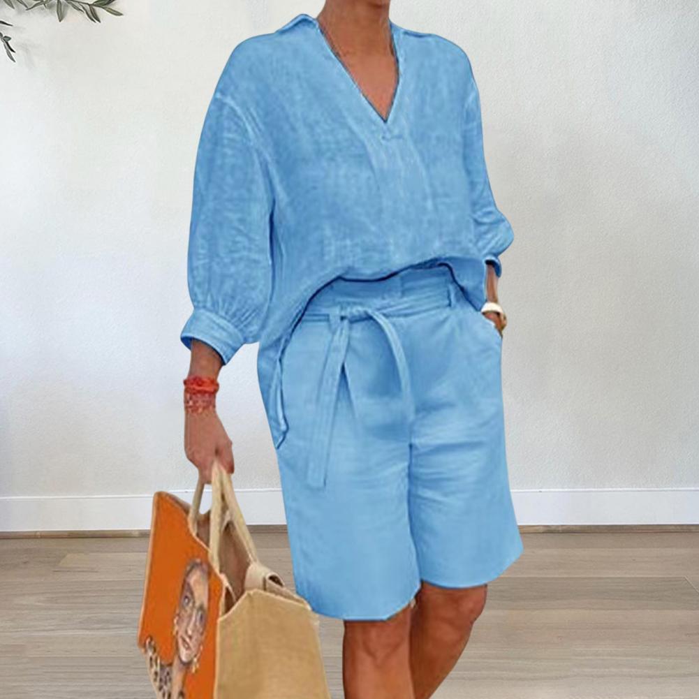 Conjunto de dos piezas para mujer, informal, de lino y algodón, holgado, con cuello en V, manga larga y pantalones cortos con cordones.