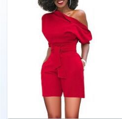 Women Casual Elegant Off-Shoulder Button Down Solid Color Short Sleeve Rompers