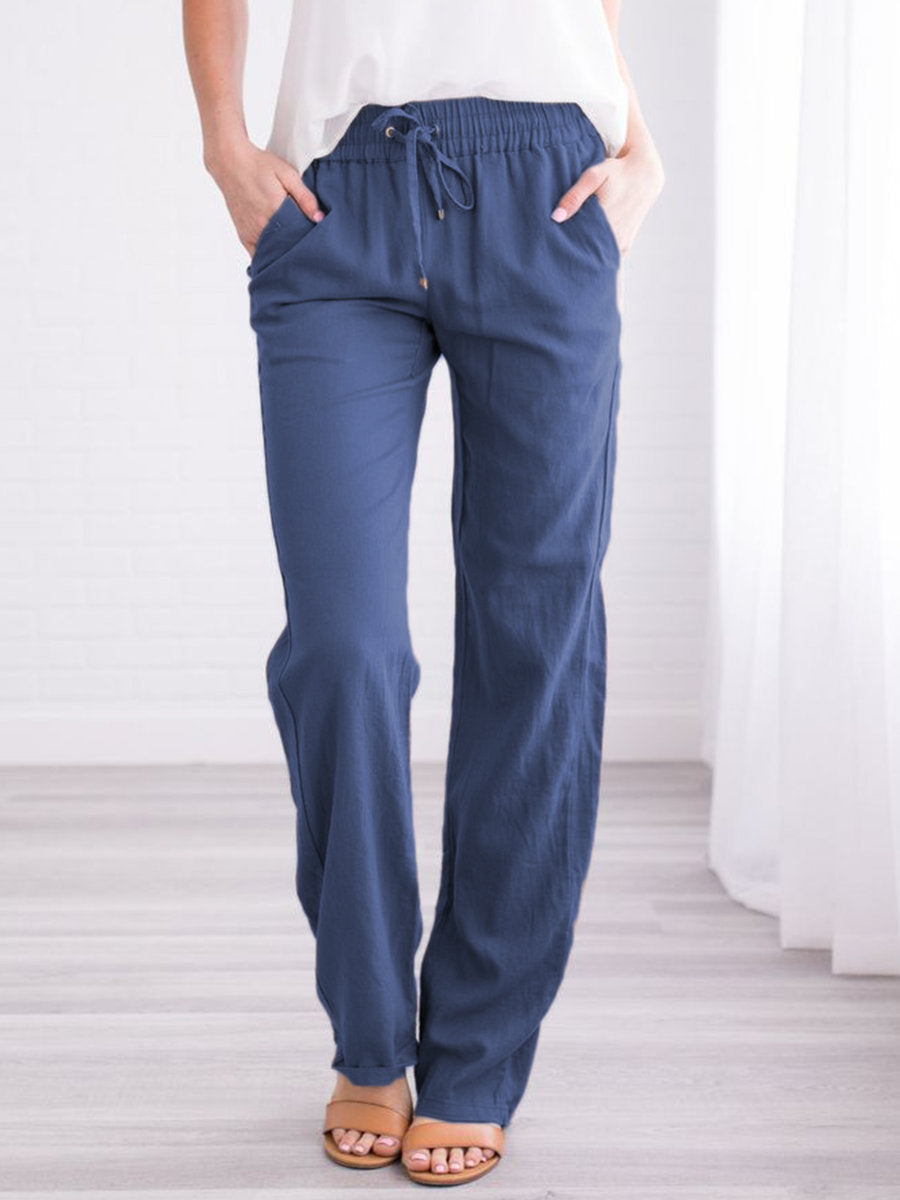 Women Casual Solid Color Cotton Linen Loose Drawstring Pants