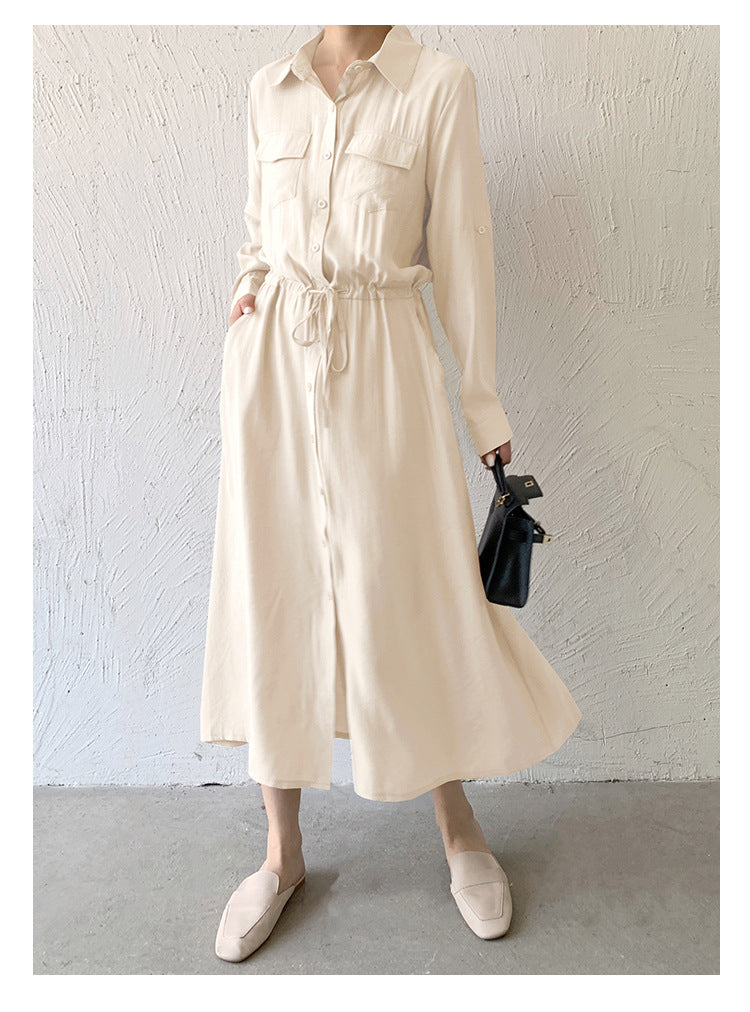 Women Fashion Minimalist Casual Solid Color Lapel Short-Sleeve Drawstring Pocket Single-Breasted Dress