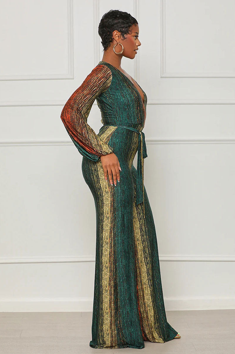 Women Fashion Casual V-Neck Long-Sleeved Straight Jumpsuit