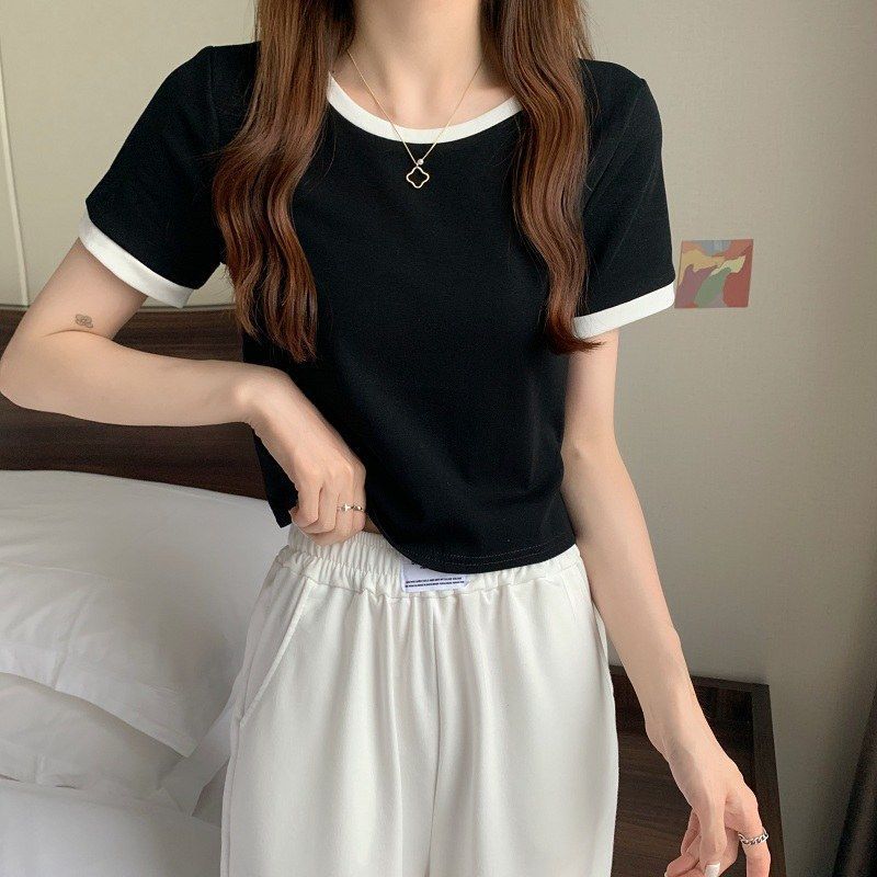 Women Casual Basic Round Neck Color Blocking Summer Short-sleeved Summer Crop Top